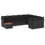 10-Piece Garden Sofa Set with Cushions Black Poly Rattan Wicker Outdoor Patio Furniture