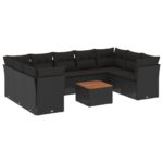 10-Piece Garden Sofa Set with Cushions Black Poly Rattan Wicker Outdoor Patio Furniture