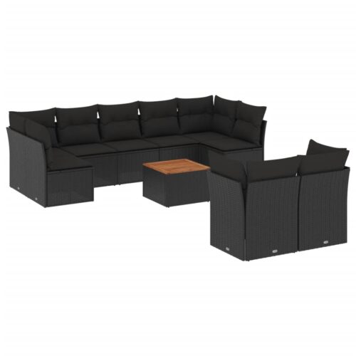10-Piece Garden Sofa Set with Cushions Black Poly Rattan Wicker Outdoor Patio Furniture