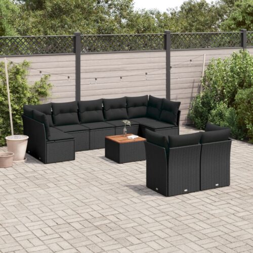 10-Piece Garden Sofa Set with Cushions Black Poly Rattan Wicker Outdoor Patio Furniture - Image 2