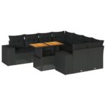 9-Piece Garden Sofa Set with Cushions Black Poly Rattan Wicker Outdoor Patio Furniture