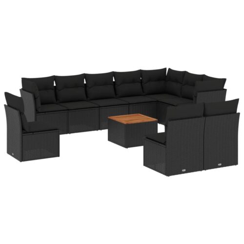 11-Piece Garden Sofa Set with Cushions Black Poly Rattan Wicker Outdoor Patio Furniture - Image 5