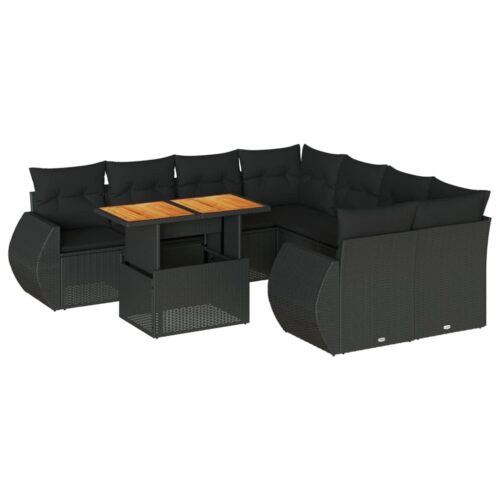 9-Piece Garden Sofa Set with Cushions Black Poly Rattan Wicker Outdoor Patio Furniture - Image 13