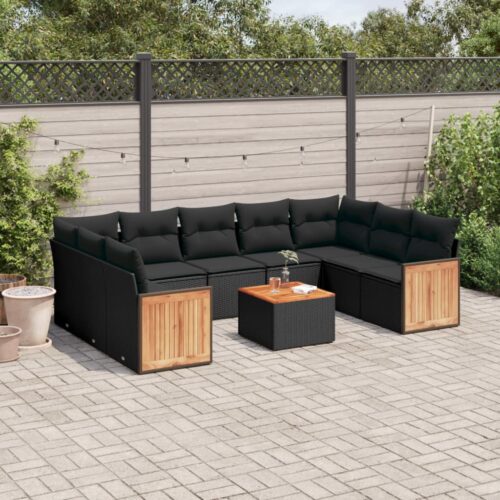 10-Piece Garden Sofa Set with Cushions Black Poly Rattan Wicker Outdoor Patio Furniture - Image 2