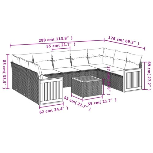 10-Piece Garden Sofa Set with Cushions Black Poly Rattan Wicker Outdoor Patio Furniture - Image 3