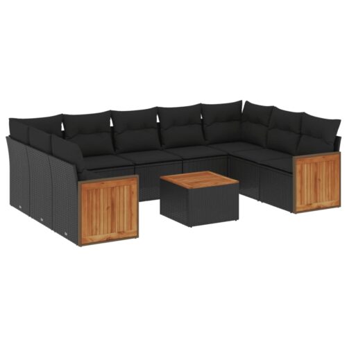 10-Piece Garden Sofa Set with Cushions Black Poly Rattan Wicker Outdoor Patio Furniture - Image 5