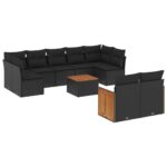 10-Piece Garden Sofa Set with Cushions Black Poly Rattan Wicker Outdoor Patio Furniture