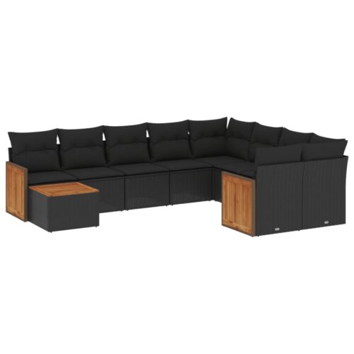 10-Piece Garden Sofa Set with Cushions Black Poly Rattan Wicker Outdoor Patio Furniture - Image 5