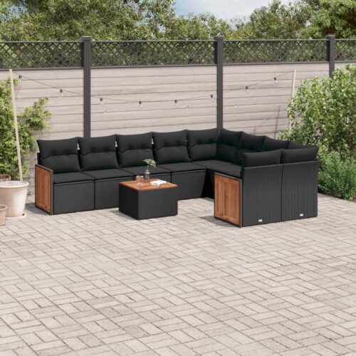 10-Piece Garden Sofa Set with Cushions Black Poly Rattan Wicker Outdoor Patio Furniture - Image 2