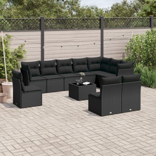 11-Piece Garden Sofa Set with Cushions Black Poly Rattan Wicker Outdoor Patio Furniture - Image 2