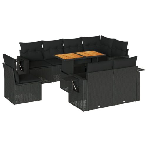 9-Piece Garden Sofa Set with Cushions Black Poly Rattan Wicker Outdoor Patio Furniture