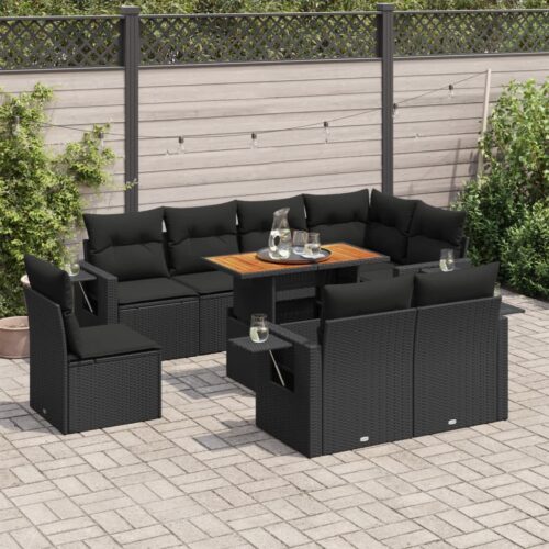 9-Piece Garden Sofa Set with Cushions Black Poly Rattan Wicker Outdoor Patio Furniture - Image 2