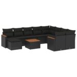 11-Piece Garden Sofa Set with Cushions Black Poly Rattan Wicker Outdoor Patio Furniture