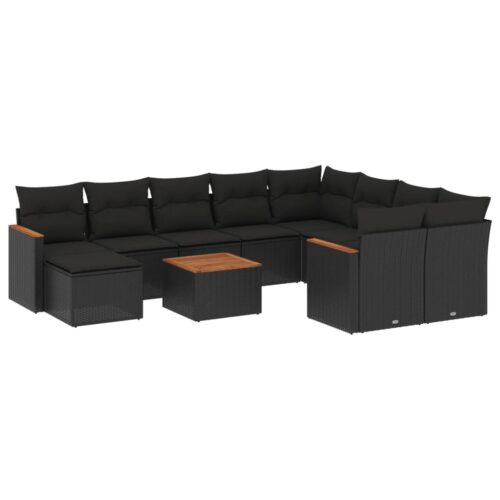 11-Piece Garden Sofa Set with Cushions Black Poly Rattan Wicker Outdoor Patio Furniture