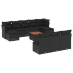 11-Piece Garden Sofa Set with Cushions Black Poly Rattan Wicker Outdoor Patio Furniture