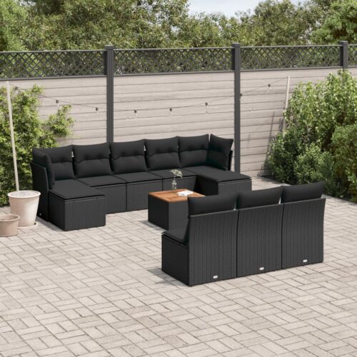 11-Piece Garden Sofa Set with Cushions Black Poly Rattan Wicker Outdoor Patio Furniture - Image 2