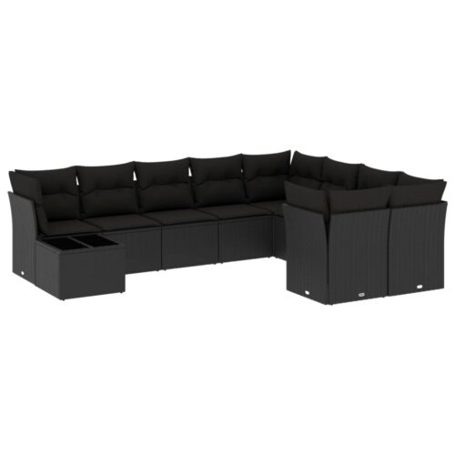 10-Piece Garden Sofa Set with Cushions Black Poly Rattan Wicker Outdoor Patio Furniture