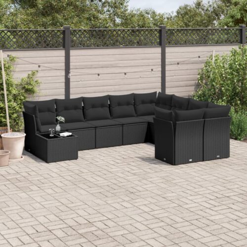 10-Piece Garden Sofa Set with Cushions Black Poly Rattan Wicker Outdoor Patio Furniture - Image 2