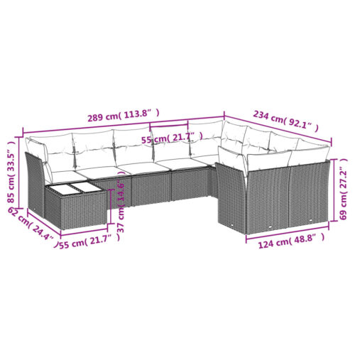 10-Piece Garden Sofa Set with Cushions Black Poly Rattan Wicker Outdoor Patio Furniture - Image 3
