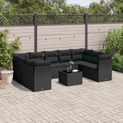 10-Piece Garden Sofa Set with Cushions Black Poly Rattan Wicker Outdoor Patio Furniture - Image 2