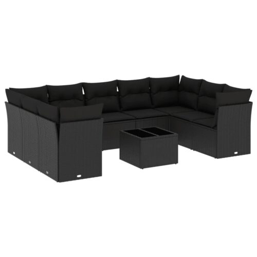 10-Piece Garden Sofa Set with Cushions Black Poly Rattan Wicker Outdoor Patio Furniture - Image 5
