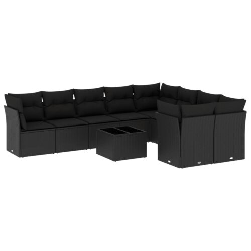10-Piece Garden Sofa Set with Cushions Black Poly Rattan Wicker Outdoor Patio Furniture