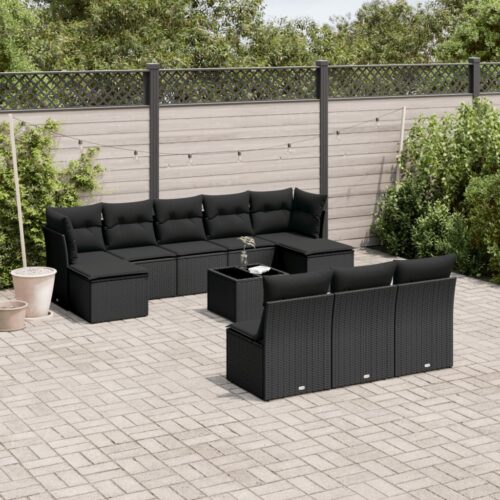 11-Piece Garden Sofa Set with Cushions Black Poly Rattan Wicker Outdoor Patio Furniture - Image 2
