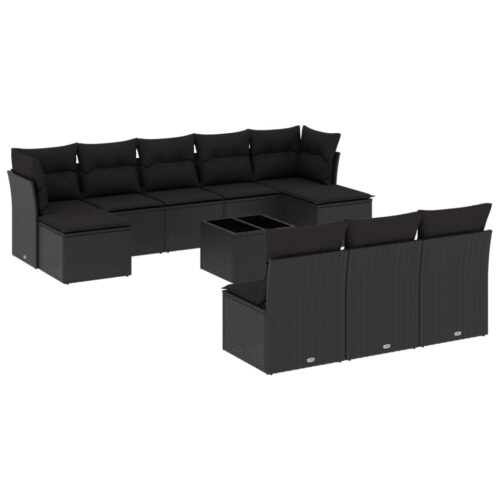 11-Piece Garden Sofa Set with Cushions Black Poly Rattan Wicker Outdoor Patio Furniture - Image 5