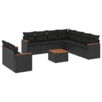 10-Piece Garden Sofa Set with Cushions Black Poly Rattan Wicker Outdoor Patio Furniture