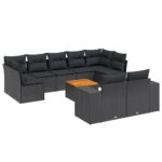 10-Piece Garden Sofa Set with Cushions Black Poly Rattan Wicker Outdoor Patio Furniture
