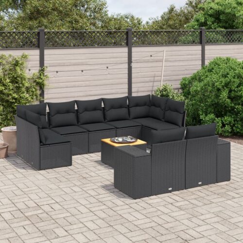 10-Piece Garden Sofa Set with Cushions Black Poly Rattan Wicker Outdoor Patio Furniture - Image 2