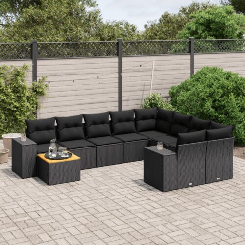 10-Piece Garden Sofa Set with Cushions Black Poly Rattan Wicker Outdoor Patio Furniture - Image 2