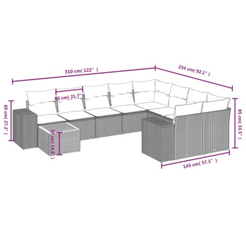 10-Piece Garden Sofa Set with Cushions Black Poly Rattan Wicker Outdoor Patio Furniture - Image 3