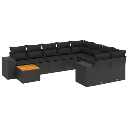 10-Piece Garden Sofa Set with Cushions Black Poly Rattan Wicker Outdoor Patio Furniture - Image 5