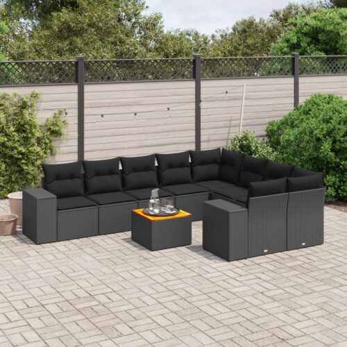 10-Piece Garden Sofa Set with Cushions Black Poly Rattan Wicker Outdoor Patio Furniture - Image 2