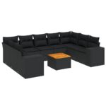 10-Piece Garden Sofa Set with Cushions Black Poly Rattan Wicker Outdoor Patio Furniture