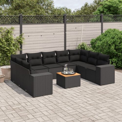 10-Piece Garden Sofa Set with Cushions Black Poly Rattan Wicker Outdoor Patio Furniture - Image 2