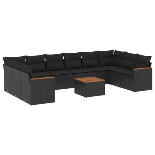 11-Piece Garden Sofa Set with Cushions Black Poly Rattan Wicker Outdoor Patio Furniture
