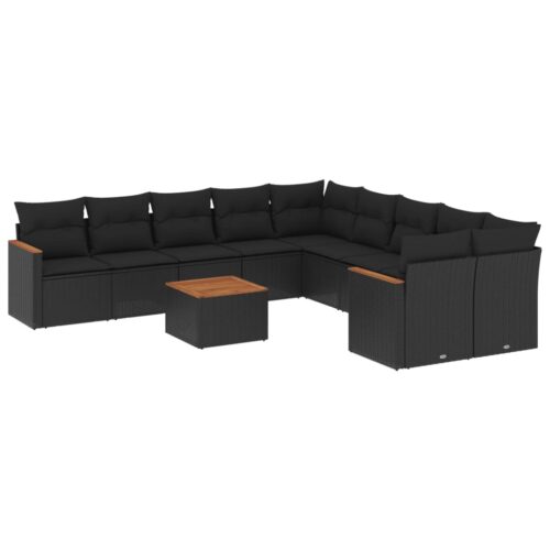 11-Piece Garden Sofa Set with Cushions Black Poly Rattan Wicker Outdoor Patio Furniture