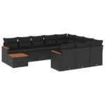 11-Piece Garden Sofa Set with Cushions Black Poly Rattan Wicker Outdoor Patio Furniture