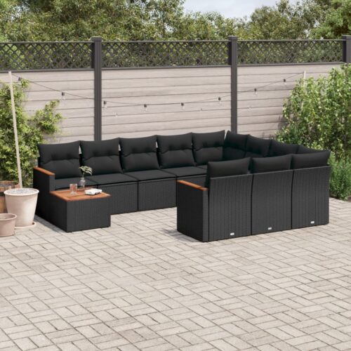 11-Piece Garden Sofa Set with Cushions Black Poly Rattan Wicker Outdoor Patio Furniture - Image 2
