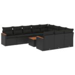 11-Piece Garden Sofa Set with Cushions Black Poly Rattan Wicker Outdoor Patio Furniture