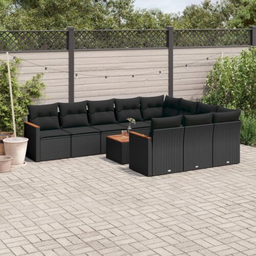 11-Piece Garden Sofa Set with Cushions Black Poly Rattan Wicker Outdoor Patio Furniture - Image 2