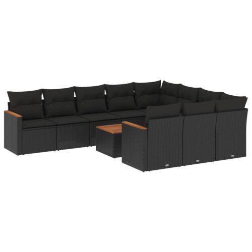 11-Piece Garden Sofa Set with Cushions Black Poly Rattan Wicker Outdoor Patio Furniture - Image 14