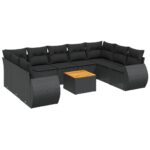 10-Piece Garden Sofa Set with Cushions Black Poly Rattan Wicker Outdoor Patio Furniture