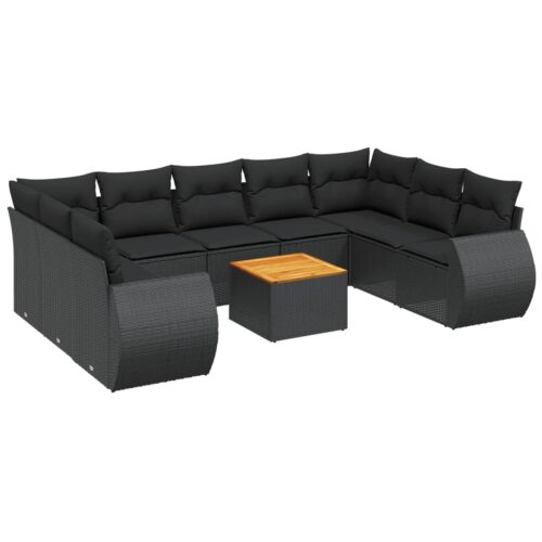 10-Piece Garden Sofa Set with Cushions Black Poly Rattan Wicker Outdoor Patio Furniture - Image 5