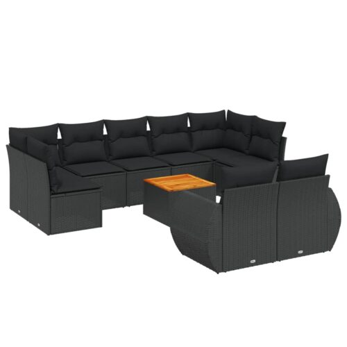 10-Piece Garden Sofa Set with Cushions Black Poly Rattan Wicker Outdoor Patio Furniture