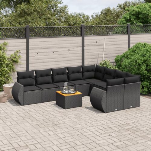 10-Piece Garden Sofa Set with Cushions Black Poly Rattan Wicker Outdoor Patio Furniture - Image 2