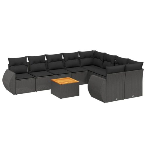 10-Piece Garden Sofa Set with Cushions Black Poly Rattan Wicker Outdoor Patio Furniture - Image 5
