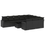 11-Piece Garden Sofa Set with Cushions Black Poly Rattan Wicker Outdoor Patio Furniture